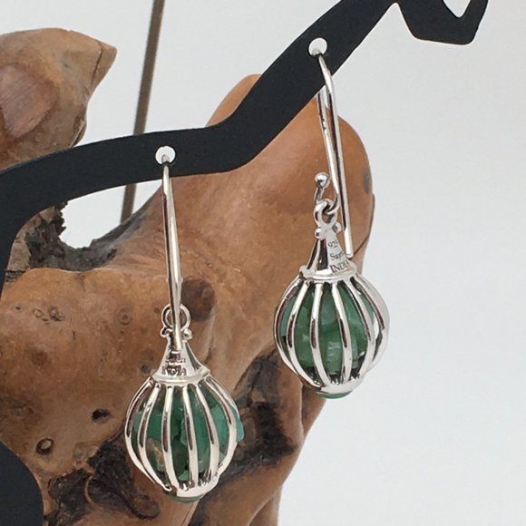 Unique 925 Silver Caged Green Onyx Button & Base, Earrings 1.5" Dangle Hook - Picture 6 of 9